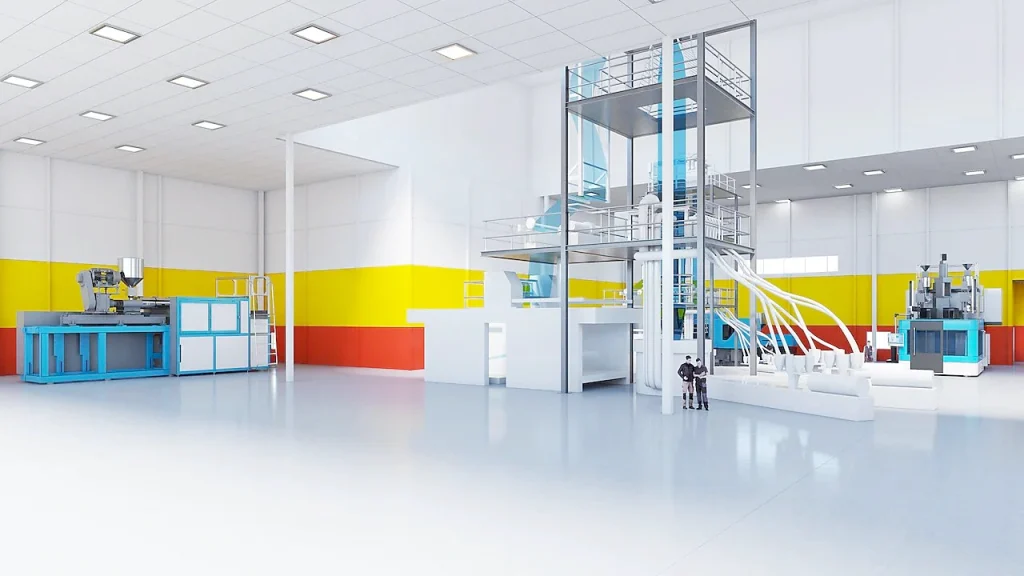 Modern polymer manufacturing facility with industrial equipment, multi-level processing towers, and colorful safety zones